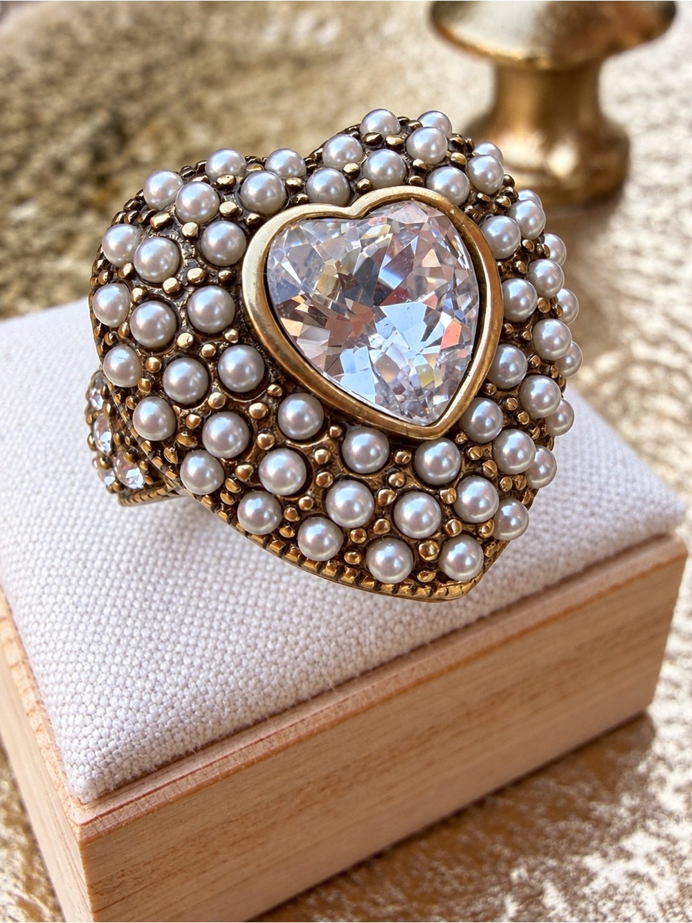 Heidi Daus Pearl Heart Crystal Statement Cocktail Ring
